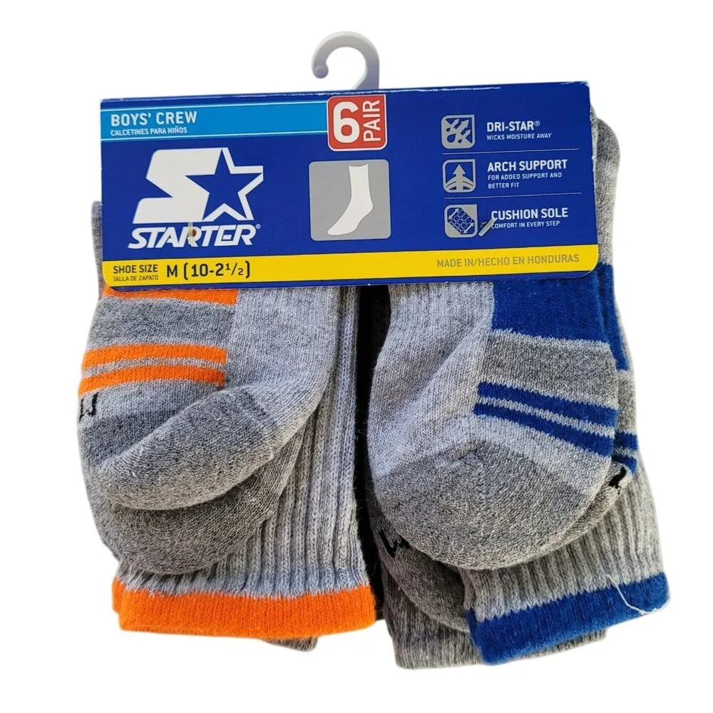 Starter Crew Socks Gray SZ 10-2.5 M 6 Pair Ribbed Dri-Star Support Cushion NEW